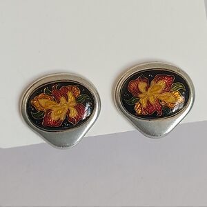 Vintage Alexis Kirk Designer Silver Tone Enamel Flower Chunky Clip-On Earrings